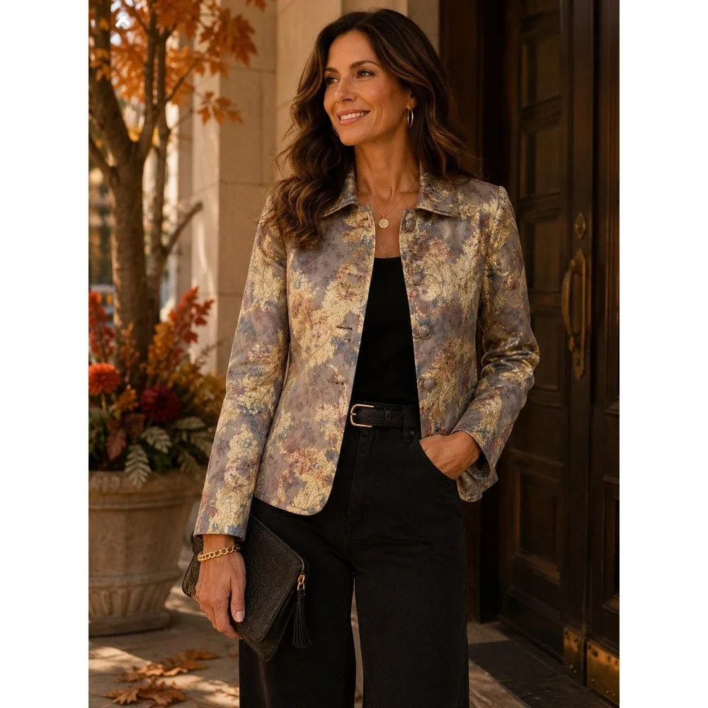 Chico's Size 2 12/14 Metallic Gold Brocade Floral Blazer Jacket Statement